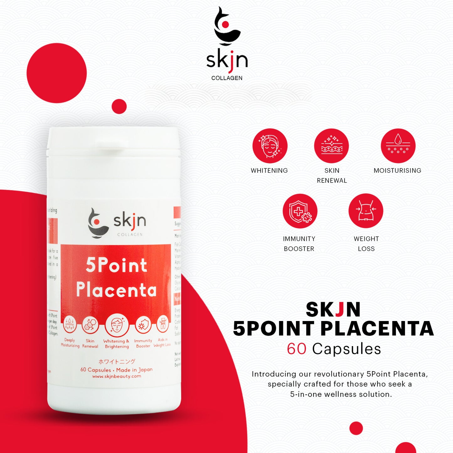 SKJN 5Point Placenta 60 Capsules Supplements + 100% JAPAN WHITENING FORMULA & BURN FATS